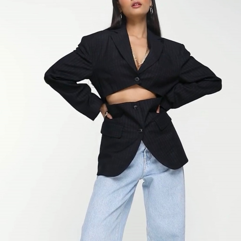 Topshop Pinstripe Deconstructed Blazer Black Cut-Out Front in Black